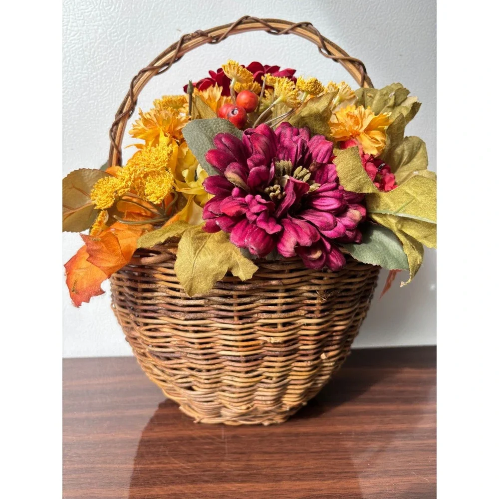 Autumn Silk Flower‎ Arrangement in Woven Wicker Basket Fall Wall Hanging